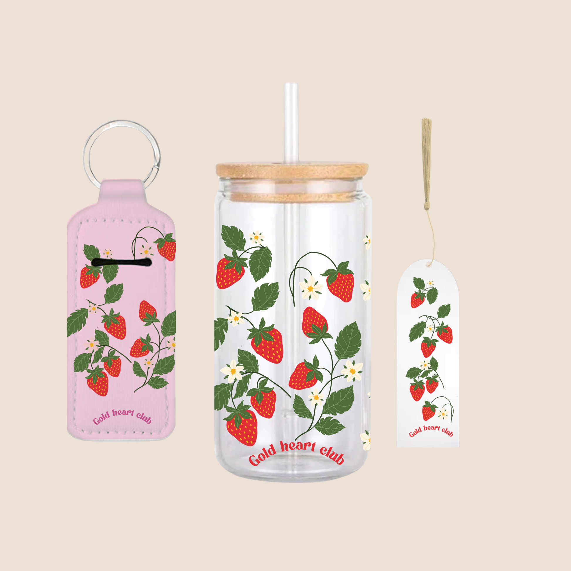 Ensemble cadeau comprenant un verre illustré fraise, signet et porte baume à lèvre