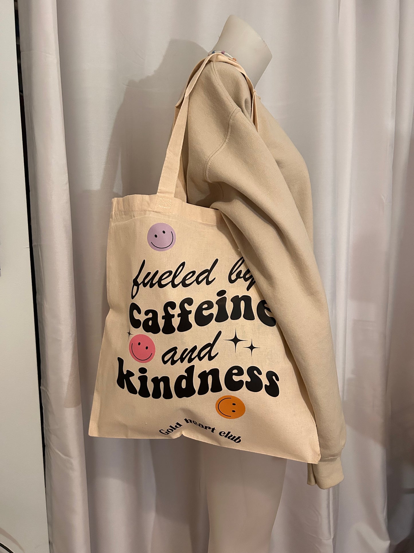 Tote bag de qualité tissu beige Caffeine and Kindness Gold Heart Club