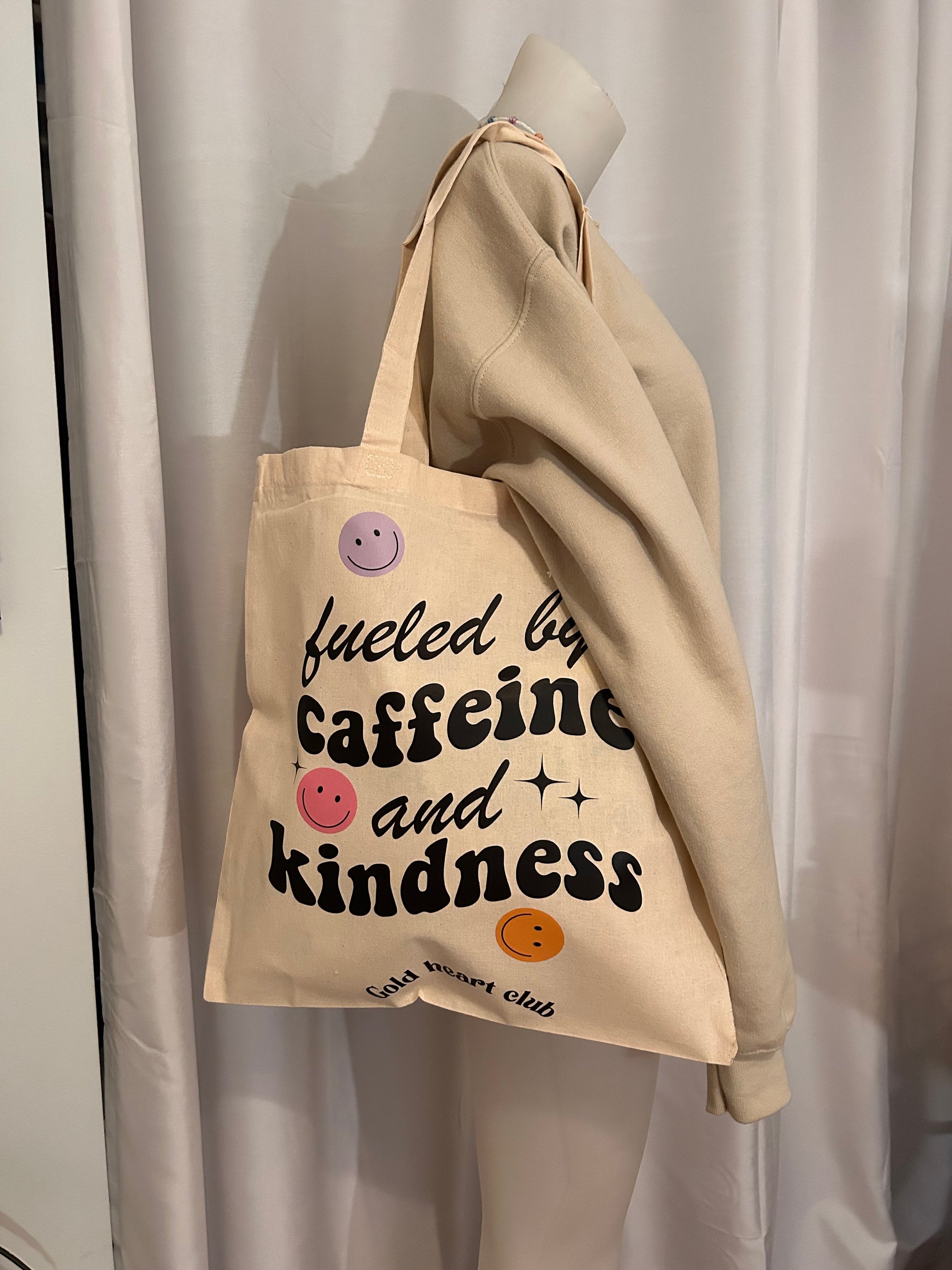 Tote bag de qualité tissu beige Caffeine and Kindness Gold Heart Club