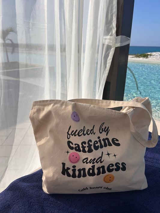 Tote bag de qualité tissu beige Caffeine and Kindness Gold Heart Club