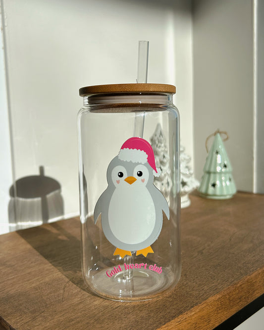 Verre illustré Pingouin de Noël fait au Québec Gold Heart Club