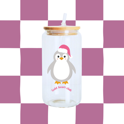 Verre illustré Pingouin de Noël fait au Québec Gold Heart Club