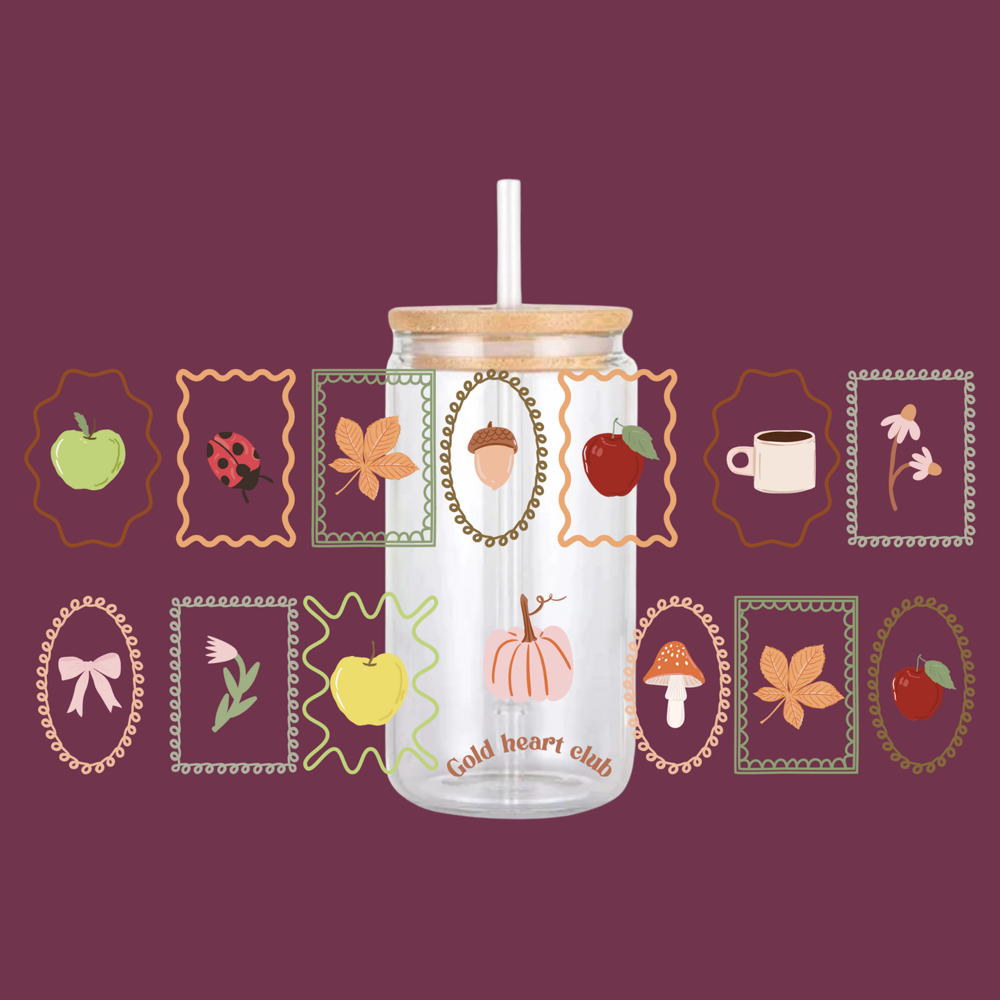 Verre illustré timbres d'automne Gold Heart Club 