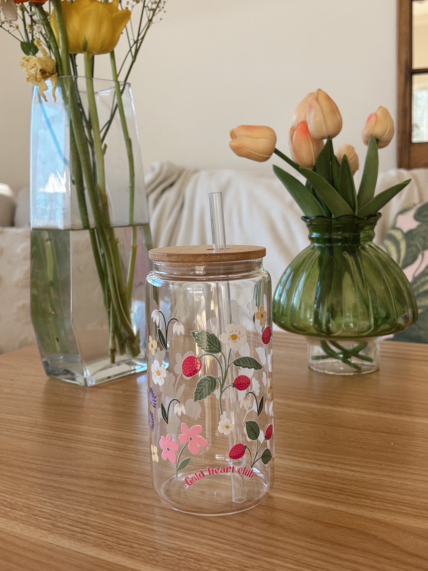 Verre illustré fraises et fleurs Gold Heart Club