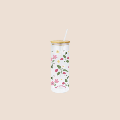 Verre 25 oz illustré Fraise et fleurs Gold Heart Club